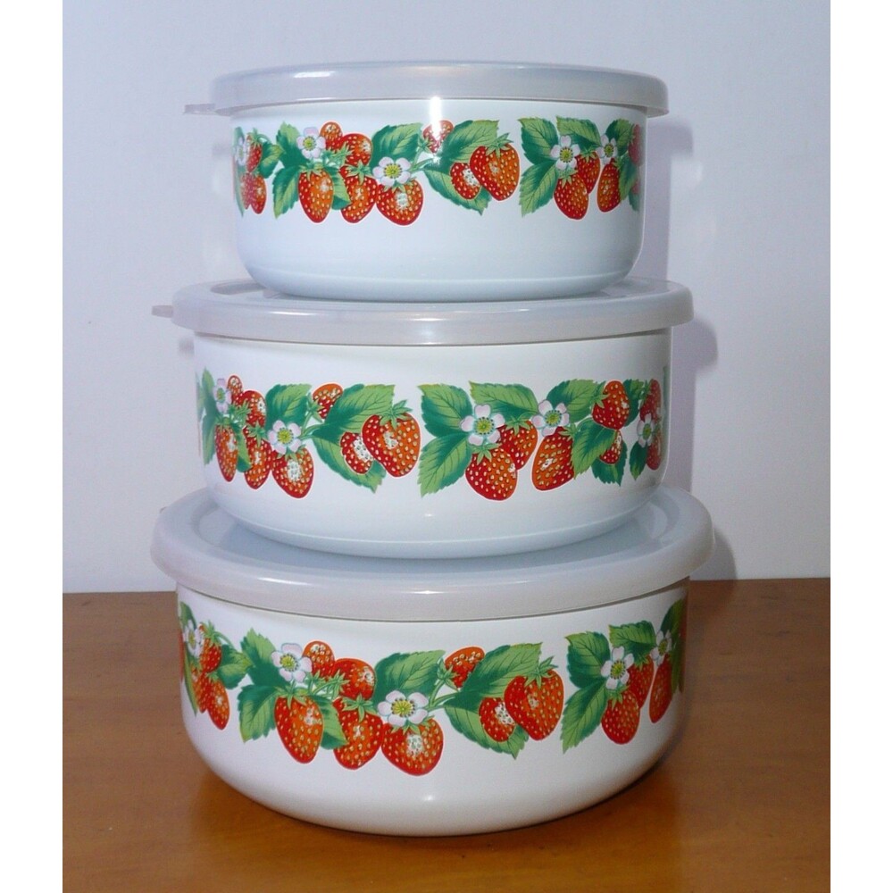 Kobe Kitchen Enamel Metal Mixing Bowls Set Of 3 Strawberry Vintage With Lids